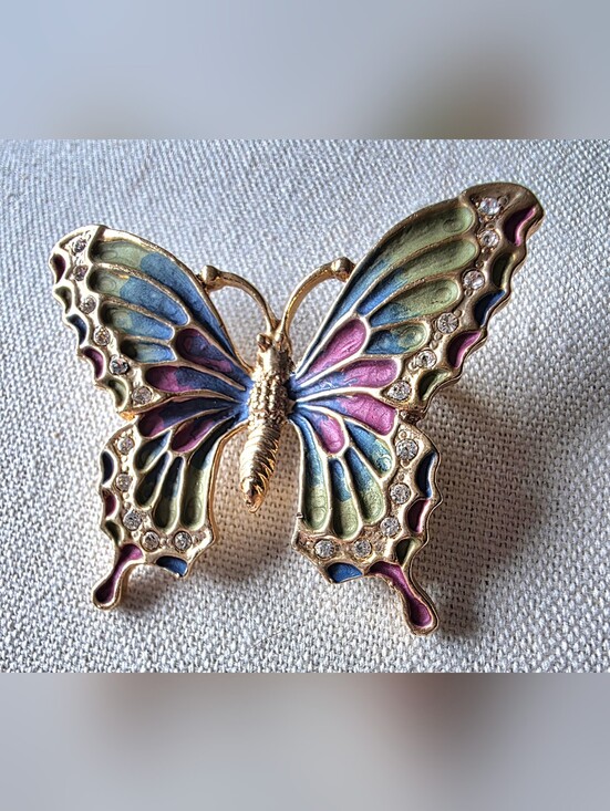 Jewelry - Vintage Estate High End Gold tone Multi Color Crystal Butterfly Brooch/ Pin
